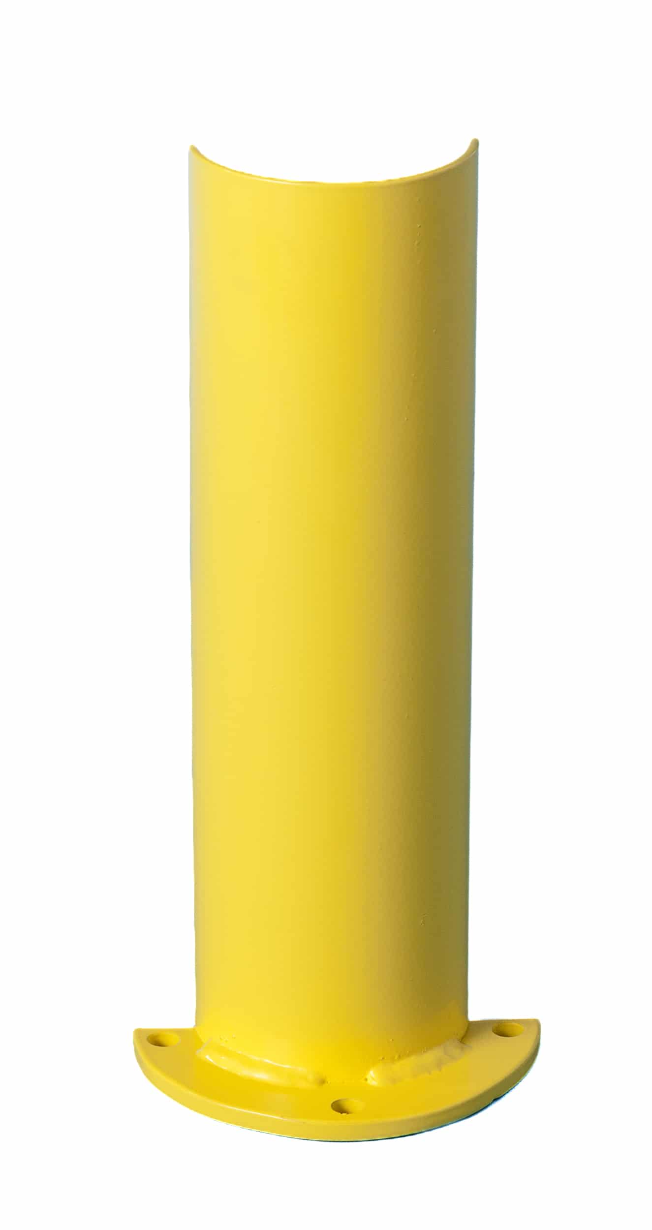 Protector metálico para estanterías industriales. De forma redonda y color amarillo.