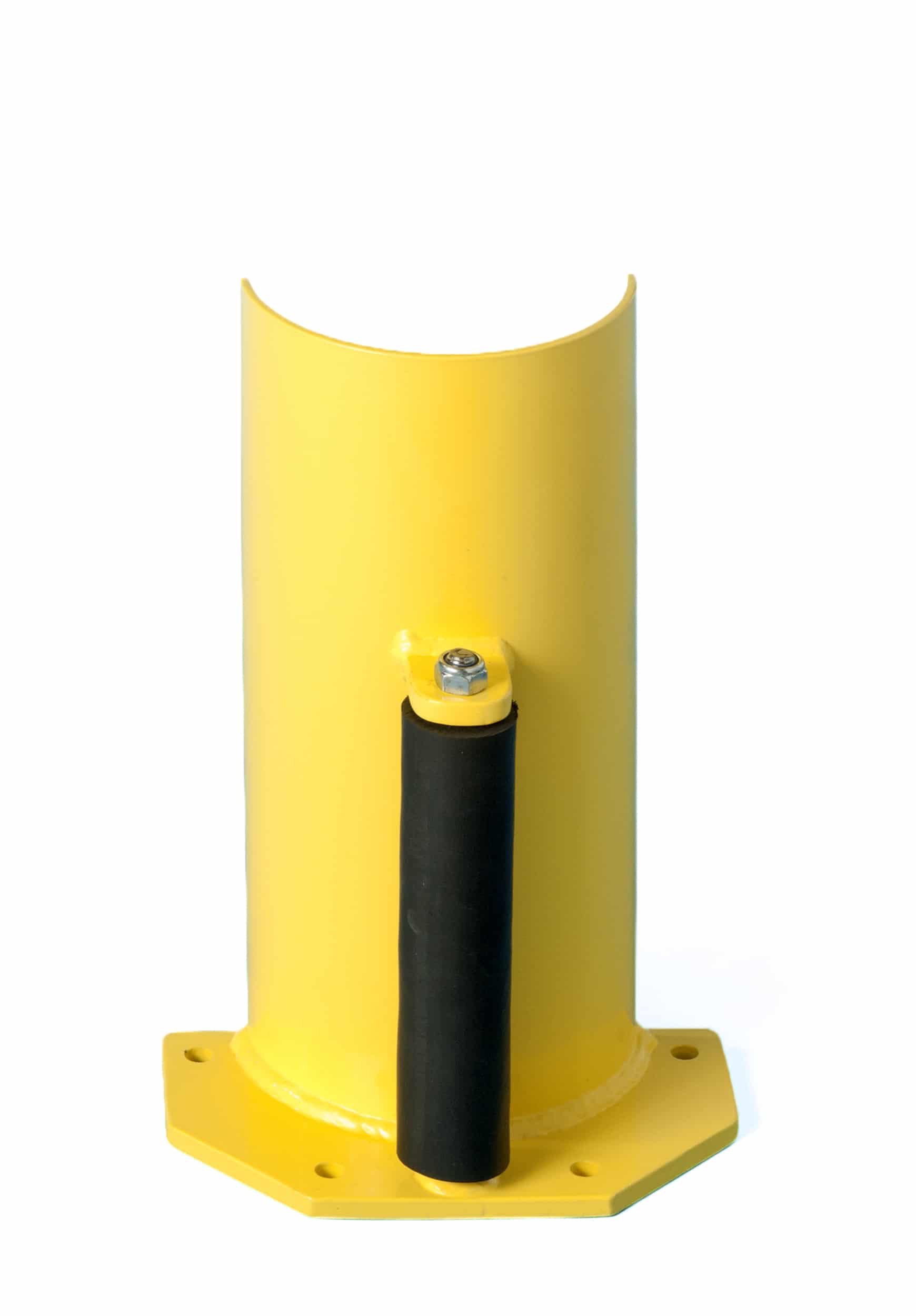Protector metálico para estanterías industriales. De forma redonda y color amarillo. Tiene un rodillo para transpaletas.